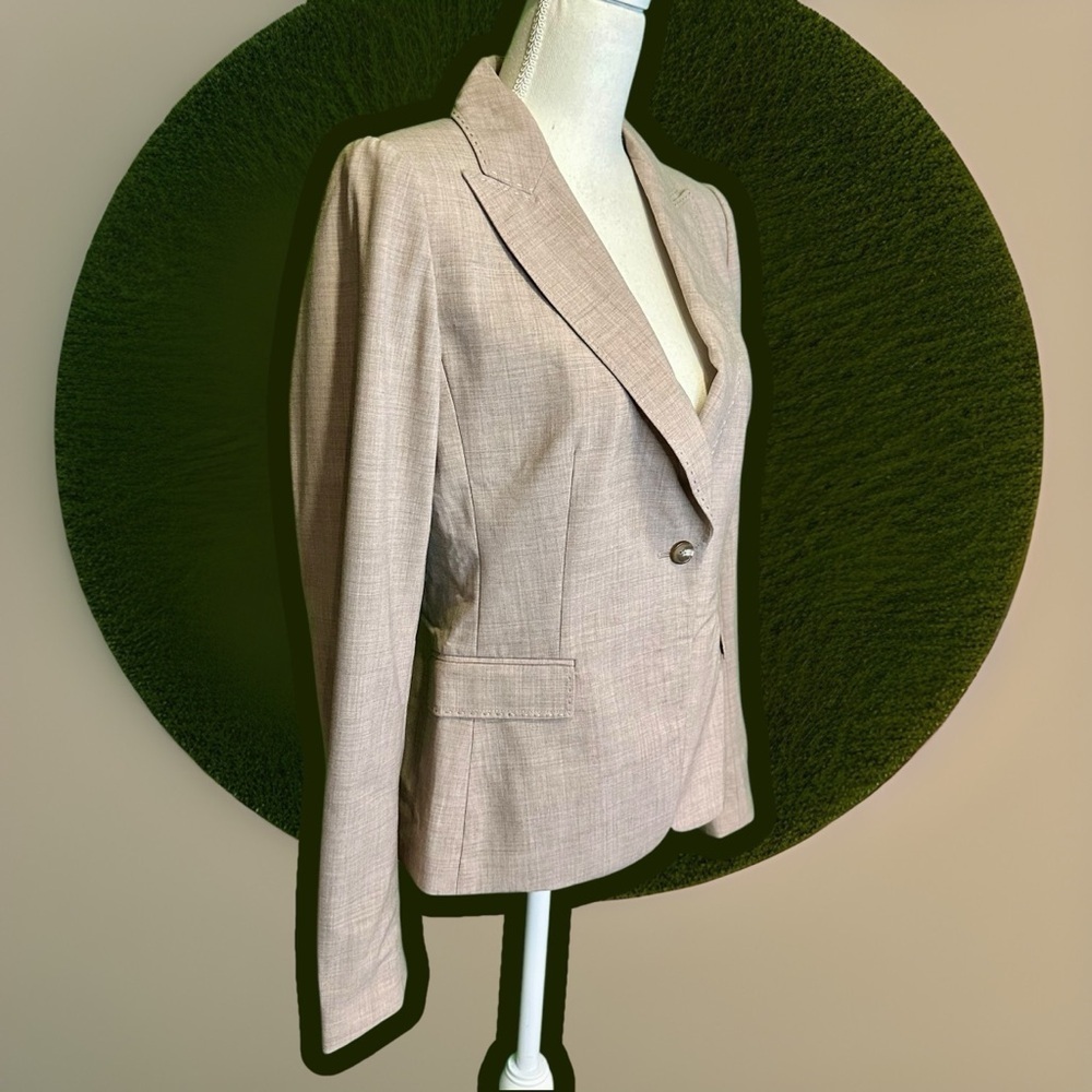 Saks Fifth Avenue Collection Heathered Tan Wool Whipstitch Trim Blazer Size 8 - Picture 12 of 15